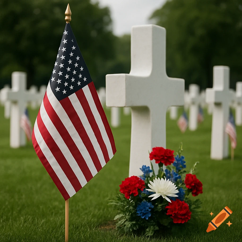 An American flag stands in front of white crosses and flowers in a cemetery.