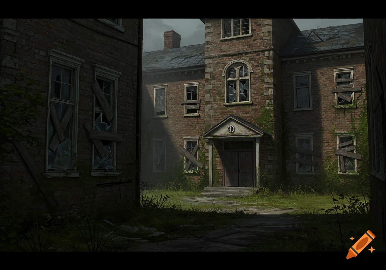 Atmospheric illustration of an abandoned brick asylum building with broken windows and overgrown vines.