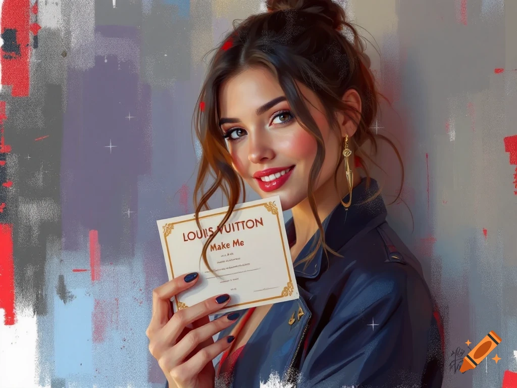 A smiling woman in a jacket holds up a Louis Vuitton certificate in a digital painting.