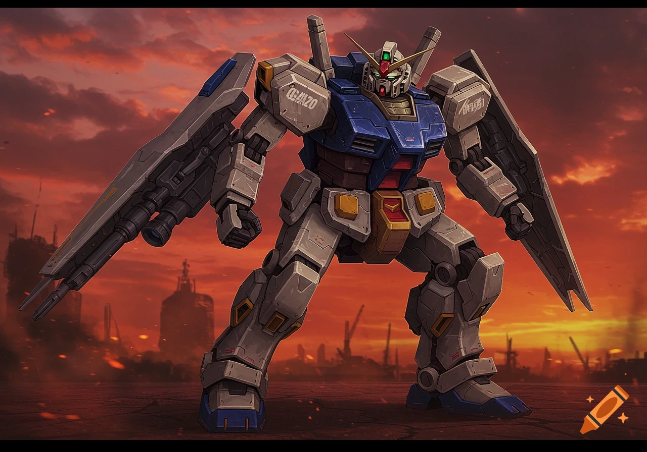 Detailed heavy mech standing in a ruined city landscape under an orange sky, digital painting.