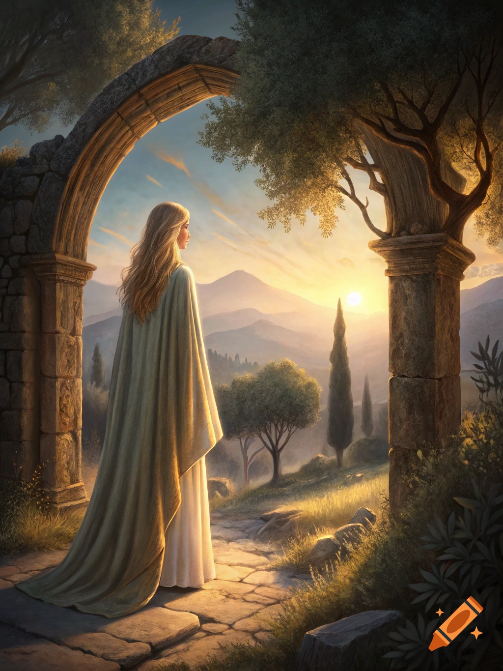 A woman in a robe stands under an ancient arch, looking at a sunrise over mountains.