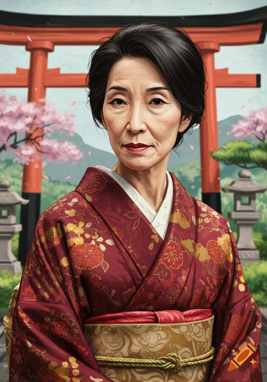 A mature woman in a red kimono stands in front of a Japanese torii gate with cherry blossoms.