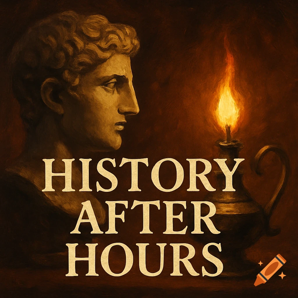 Classical bust and oil lamp with text 'HISTORY AFTER HOURS' in a dark painterly style.