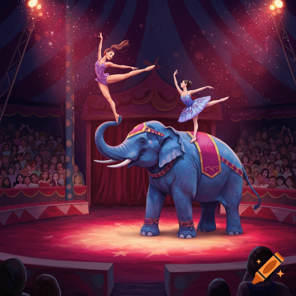 Acrobats perform on the back of a blue elephant in a brightly lit circus tent.