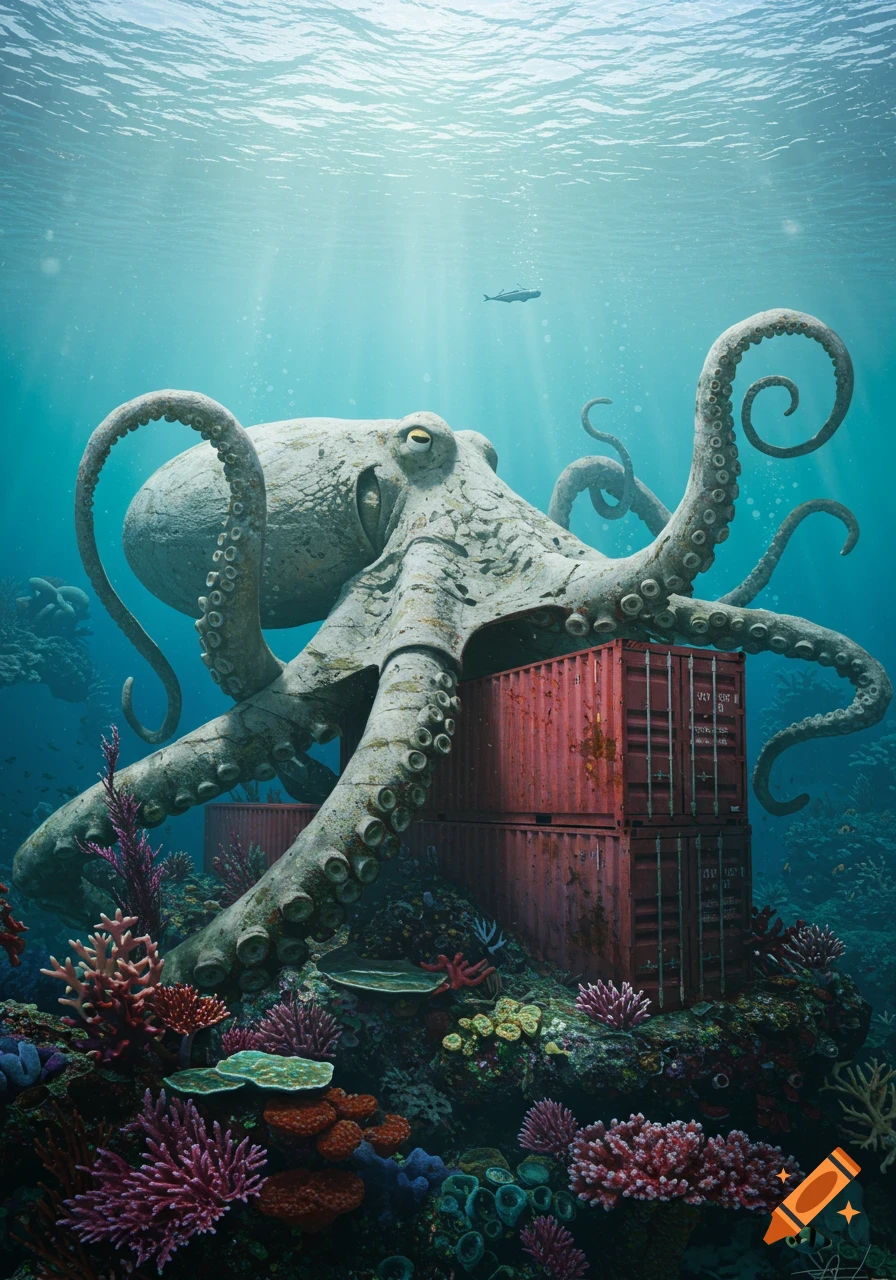 A large cement octopus rests on red shipping containers on an artificial coral reef underwater.