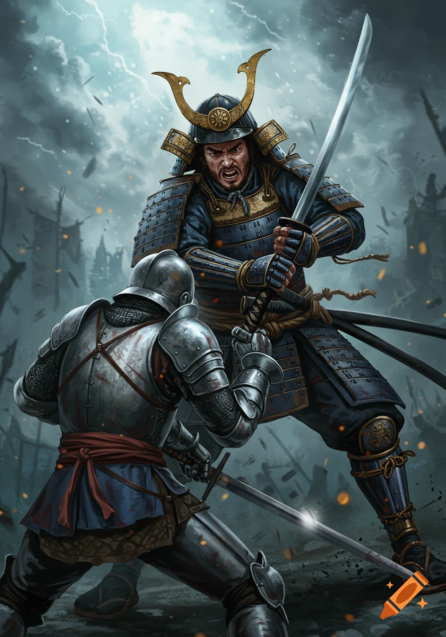 An armored samurai battles a knight with swords in a stormy, dramatic scene.