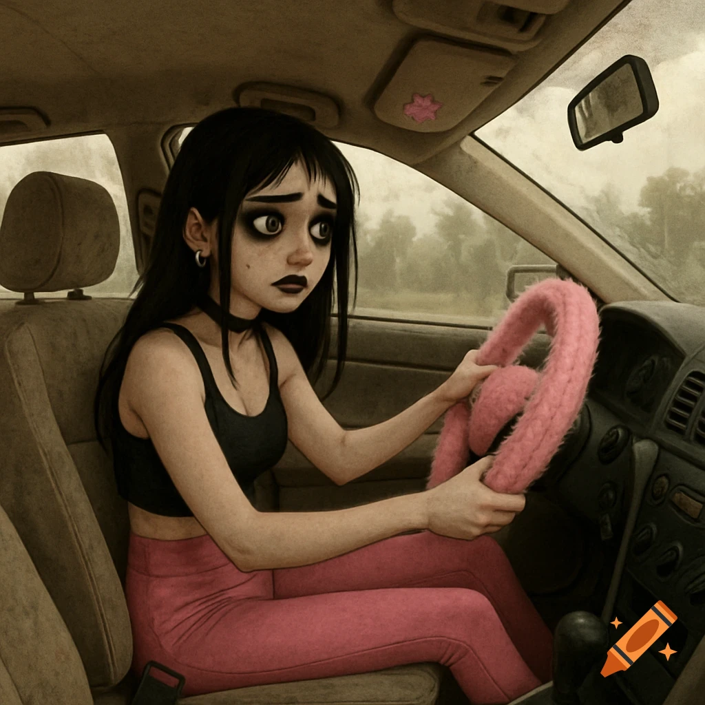 Stylized portrait of a nervous young woman driving a car with a pink fuzzy steering wheel.