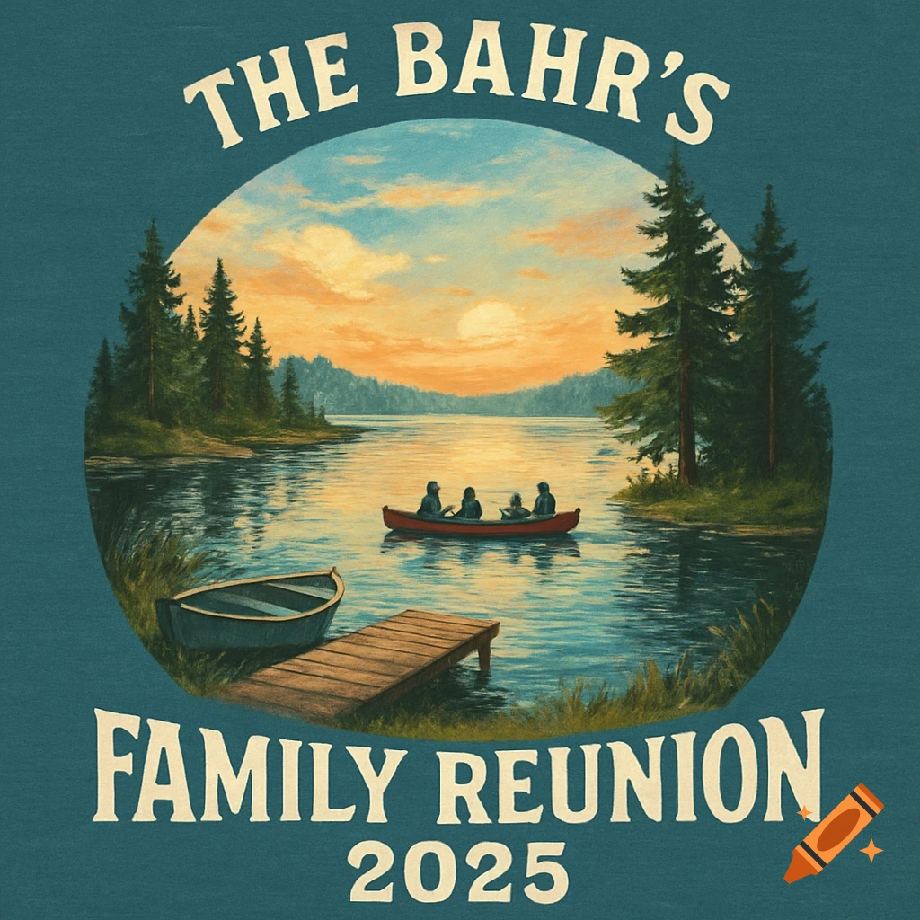 Illustration of a family reunion graphic with a lake scene, canoe, dock, trees, and text 'The Bahr's Family Reunion 2025'