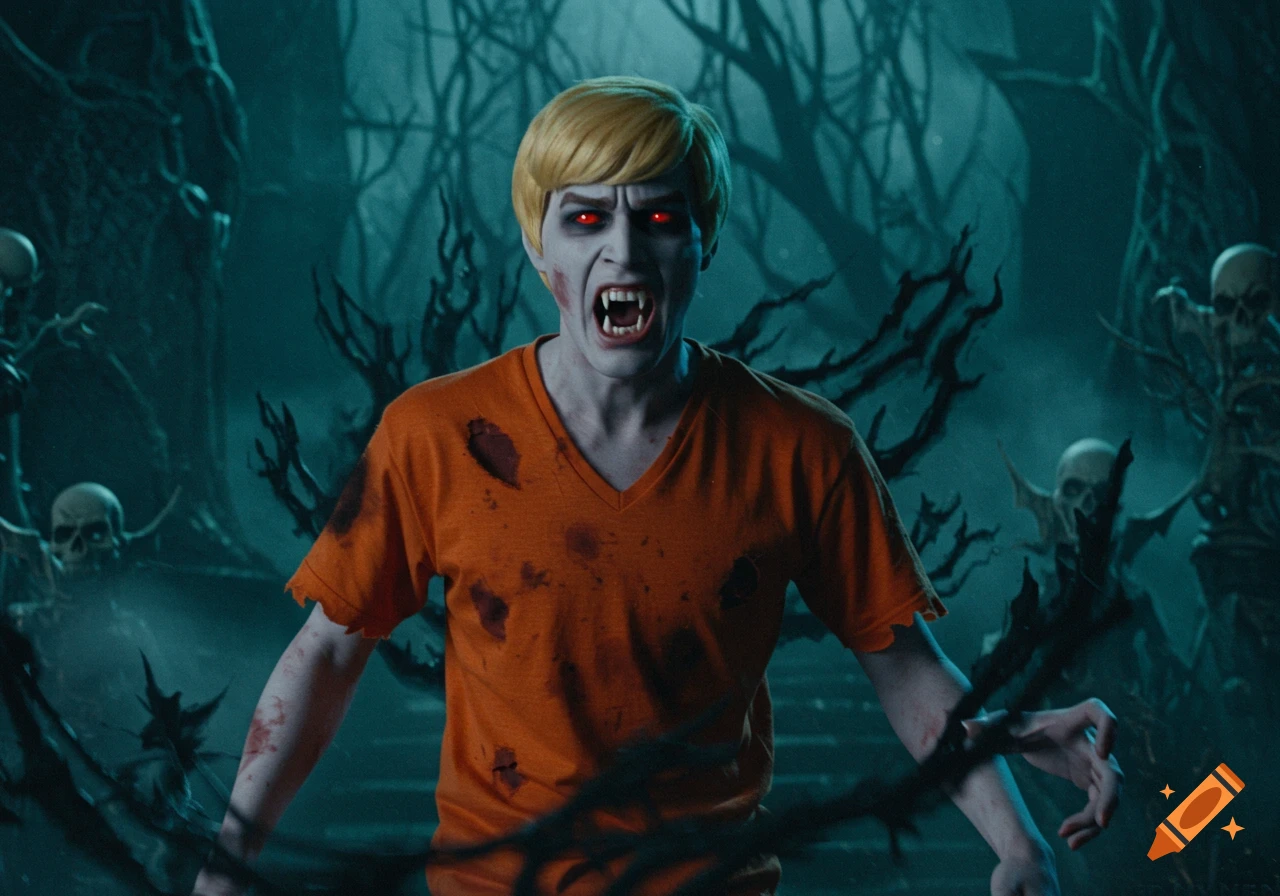 Vampire Shaggy from Scooby Doo in a spooky forest.