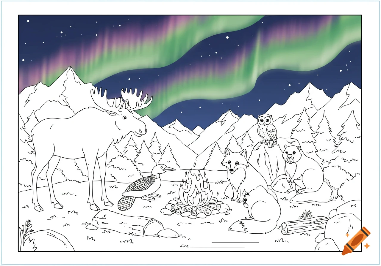 Line drawing coloring page of a moose, loon, fox, beaver, and owl gathered around a campfire in the mountains under the aurora borealis.