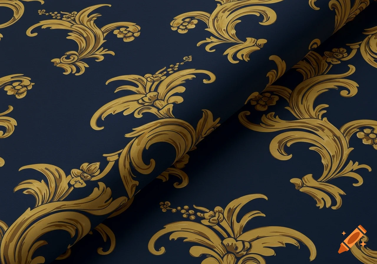 Golden baroque pattern on navy blue wallpaper