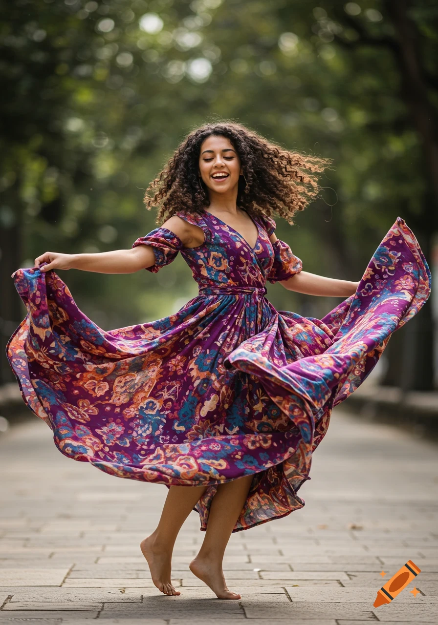 A woman with curly hair dances outdoors in a vibrant purple patterned dress.