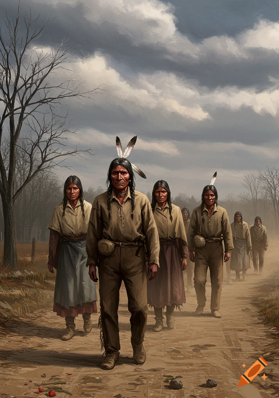 Painting of Native Americans walking on a dusty path under a cloudy sky.
