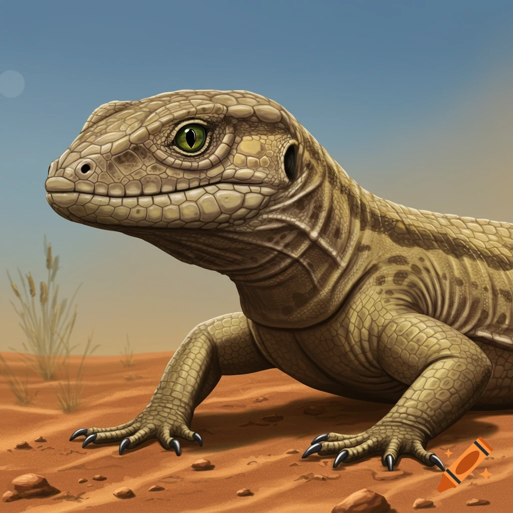 Close-up view of a lizard-like creature with green eyes on reddish-brown sand in a desert.