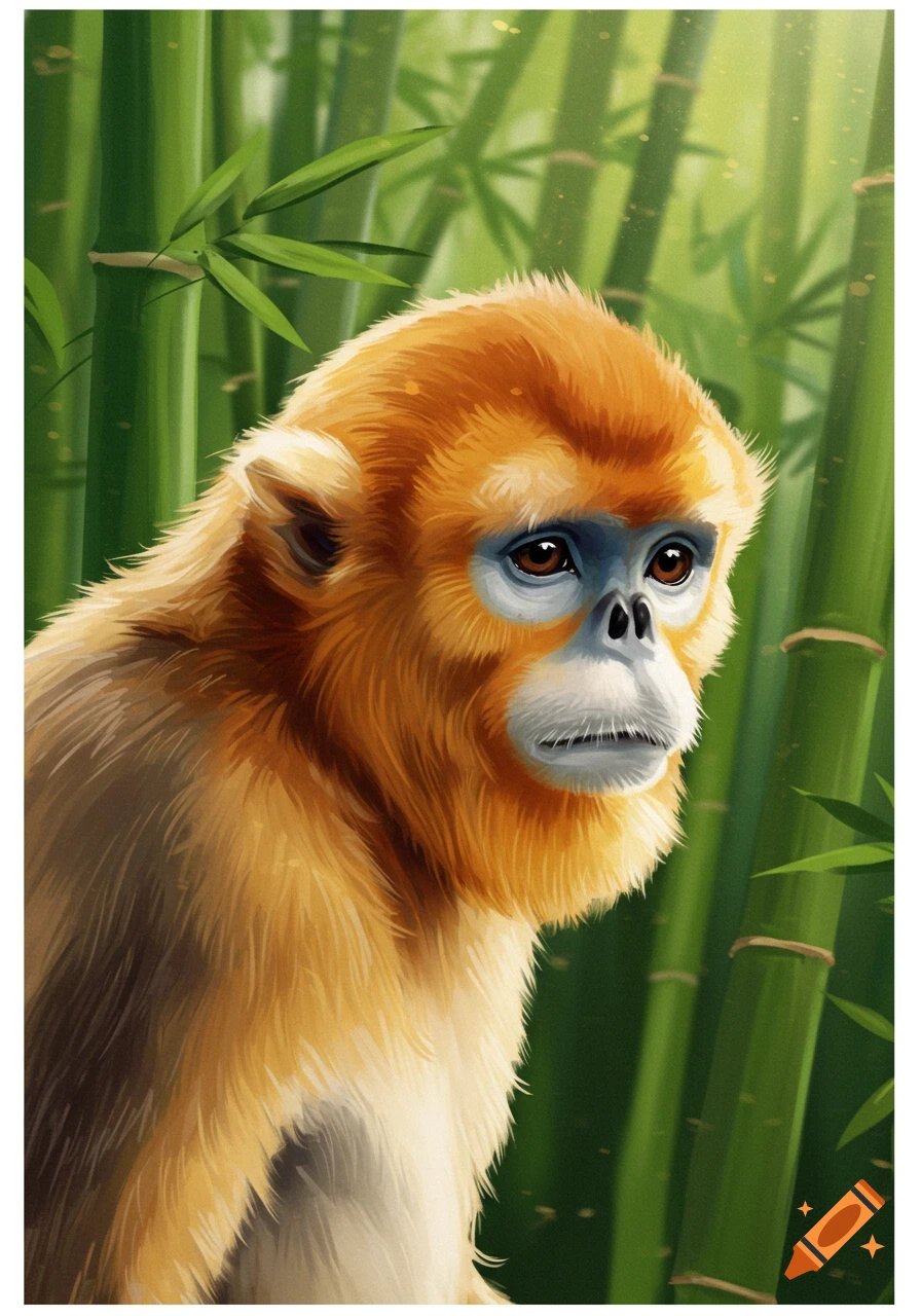 A close-up digital illustration of a sad golden snub-nosed monkey in a bamboo forest.