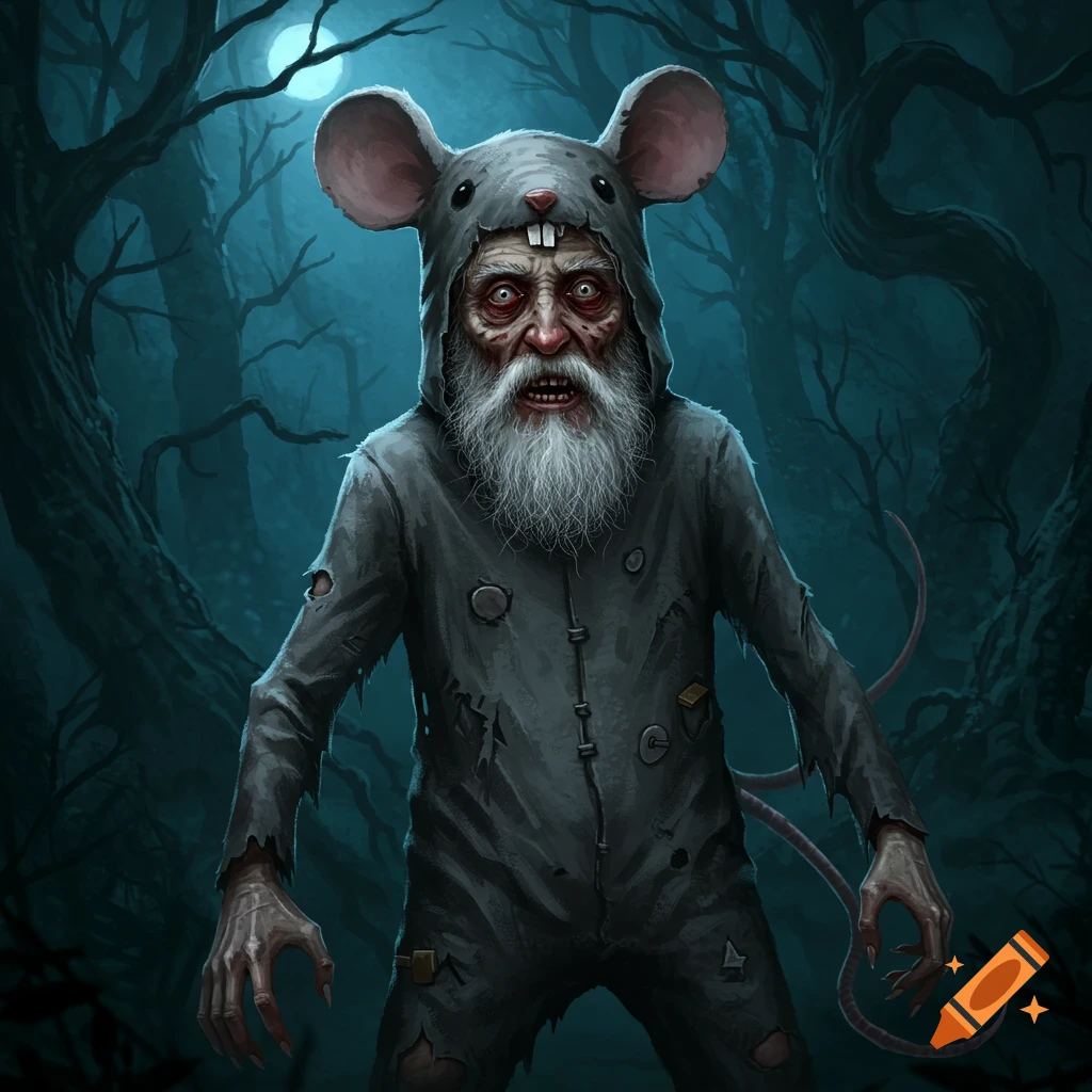 A scary old man in a ragged mouse costume stands in a dark, moonlit forest.