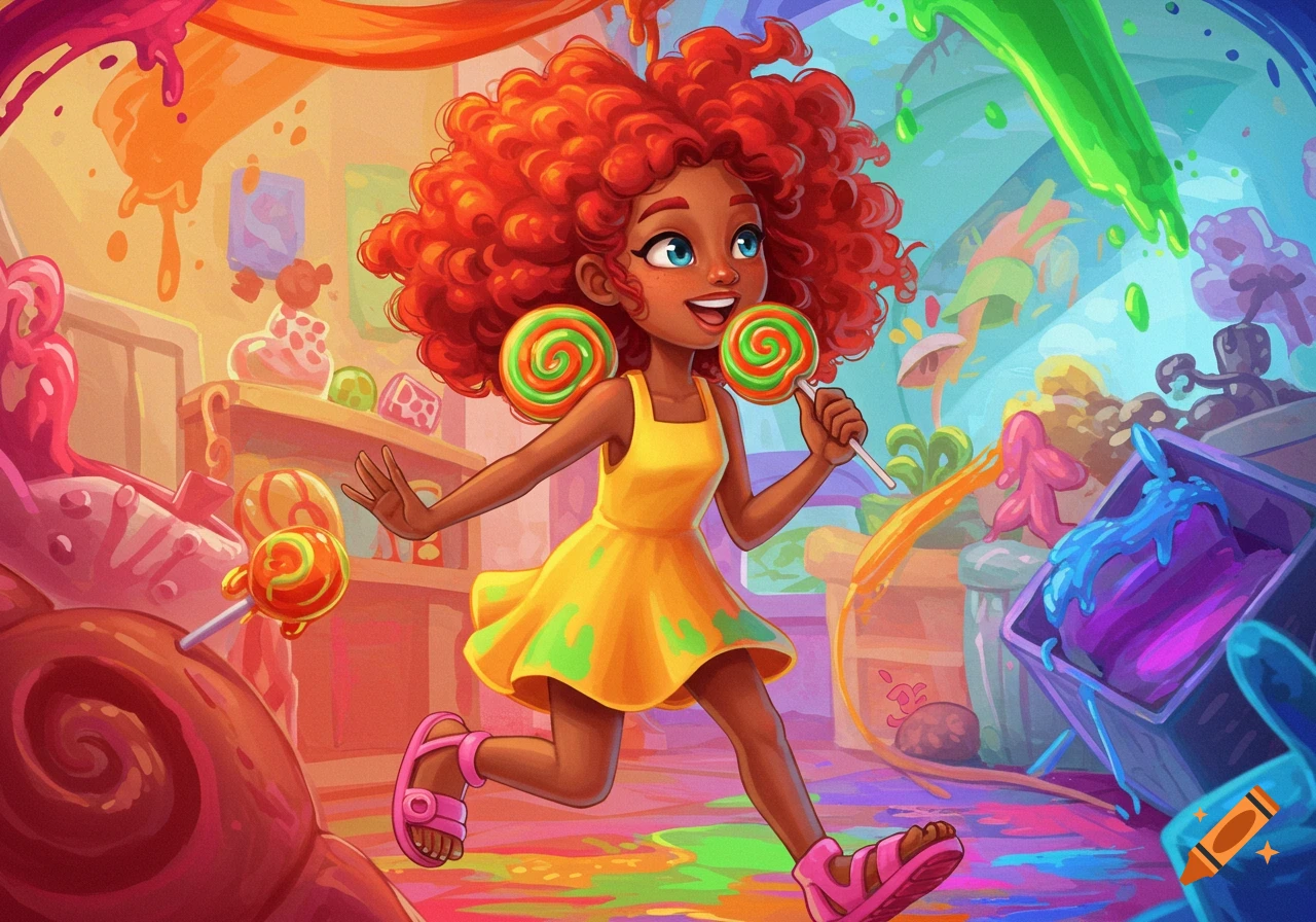 Cartoon girl with red curly hair and lollipop earrings running in a vibrant candy world, illustration.