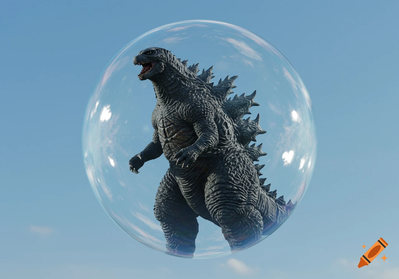 Godzilla inside a large bubble floating against a blue sky.