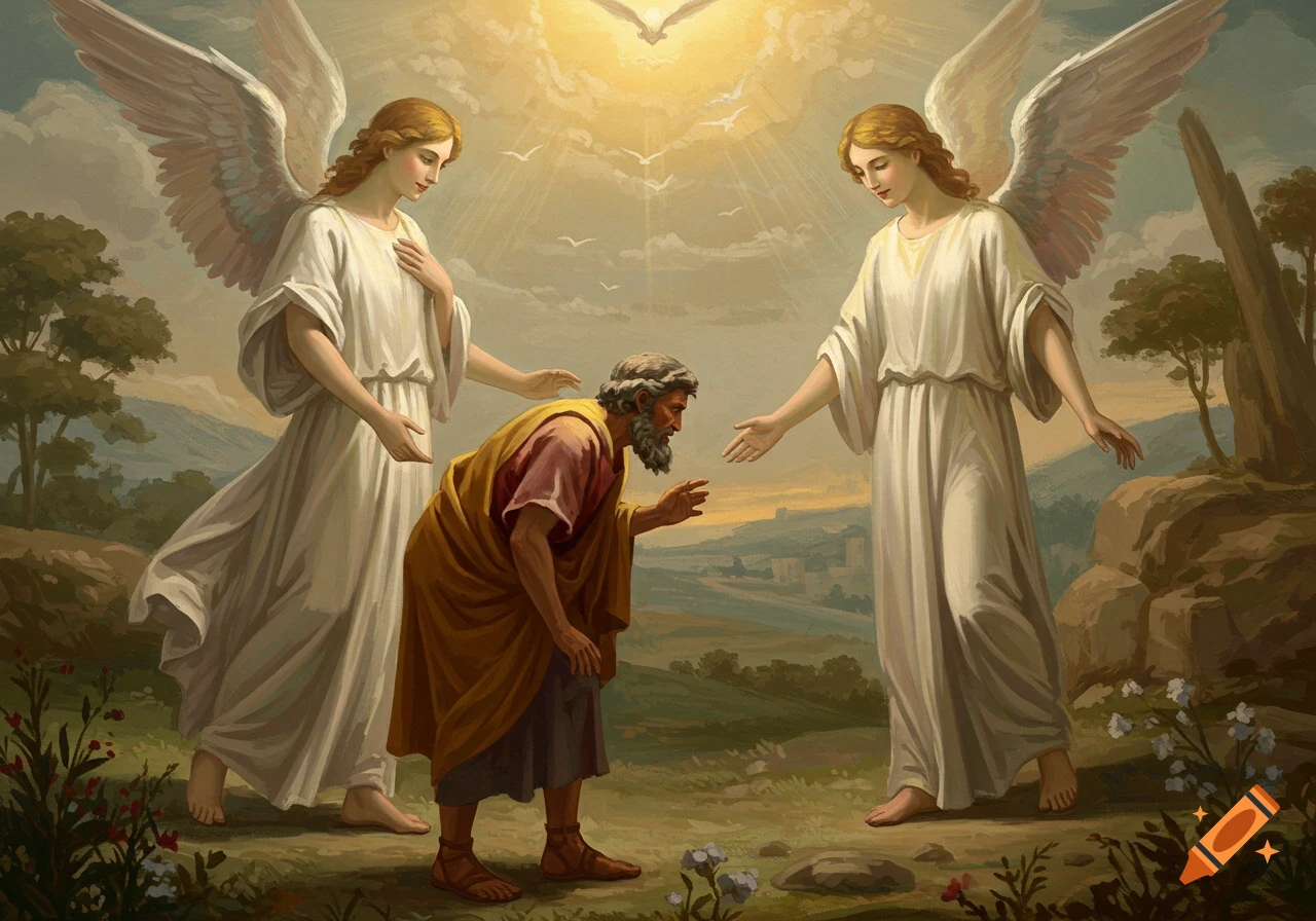 Two angels reach toward a man bowing low in a sunny landscape. Painterly style.