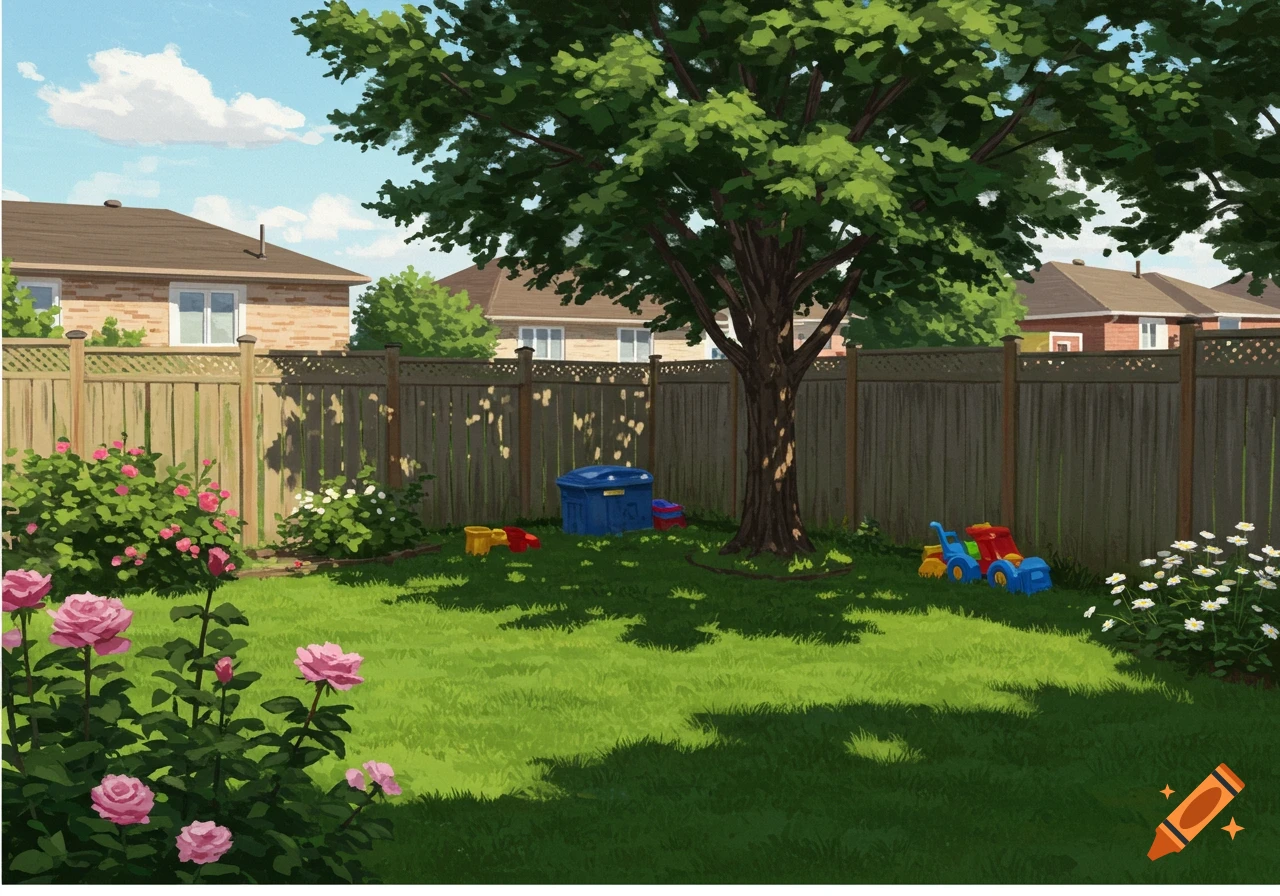 A stylized illustration of a suburban backyard with a large tree, fence, grass, flowers, and children's toys.