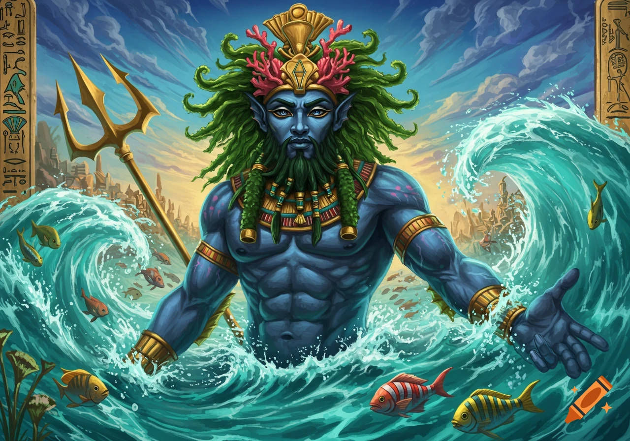 Blue-skinned Egyptian sea god with trident rising from ocean waves.