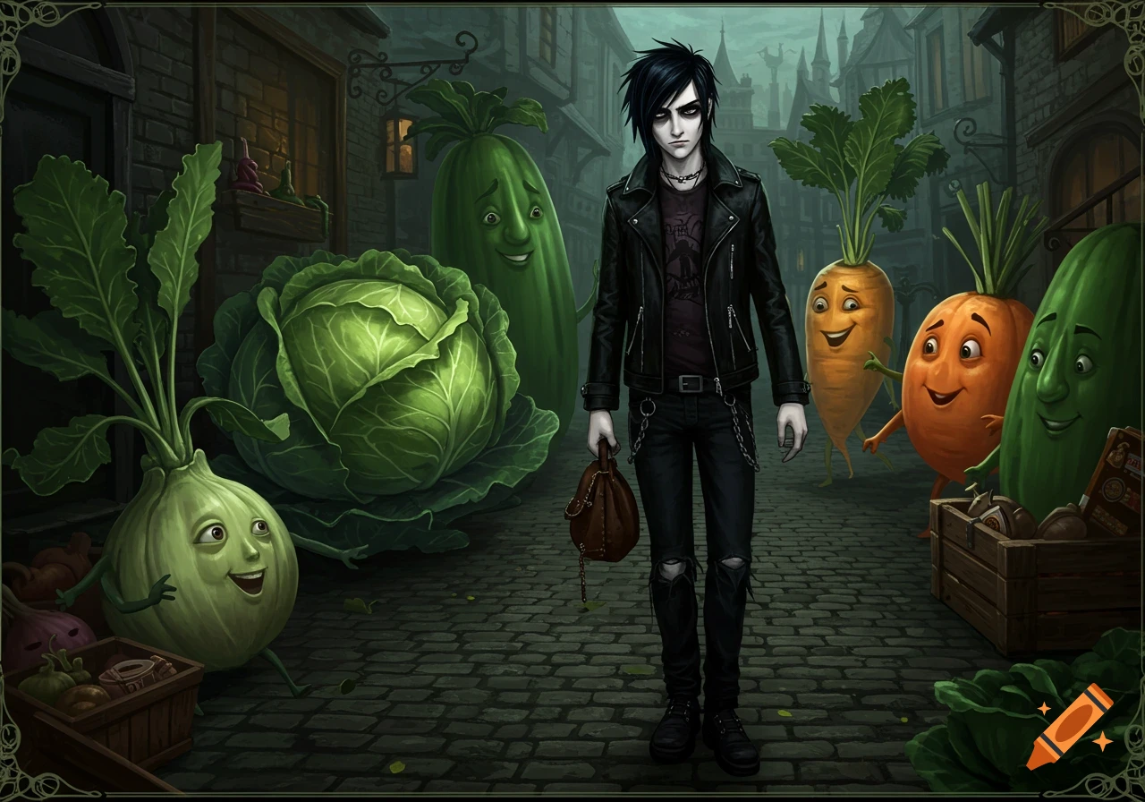 An illustration of an emo man walking down a street past large, smiling, anthropomorphic vegetables.