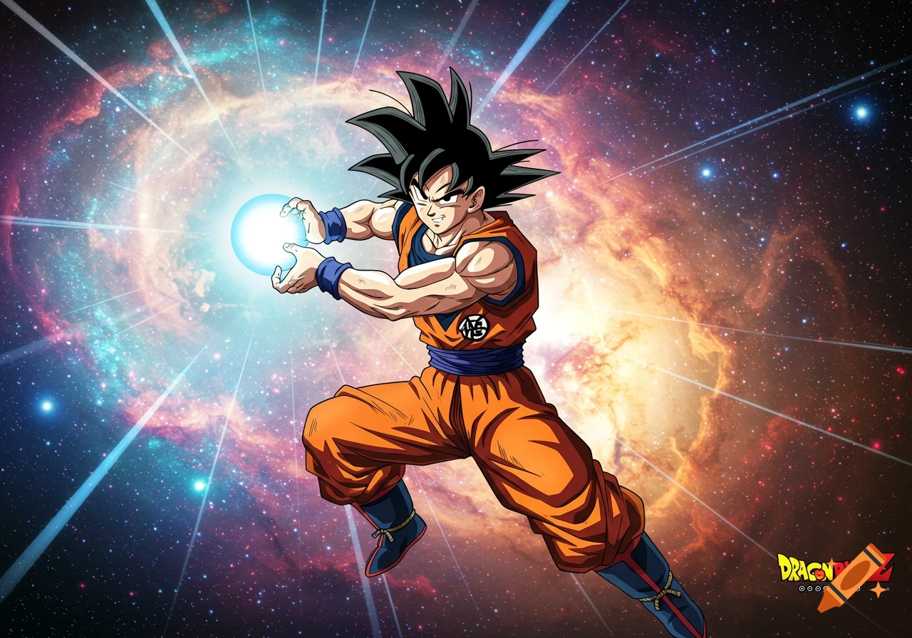 Anime character Goku in an orange gi prepares an energy attack in front of a swirling galaxy