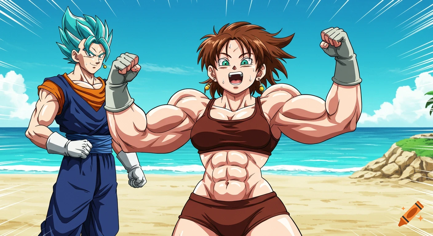Two anime characters, a muscular woman flexing and Vegito, stand on a beach