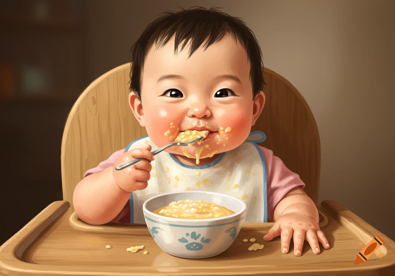 Illustration of a messy baby in a high chair eating porridge from a bowl with a spoon.