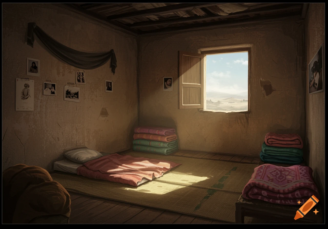 Illustration of a simple room with a bed on the floor, blankets, framed photos on the wall, and a window looking out at a desert landscape.