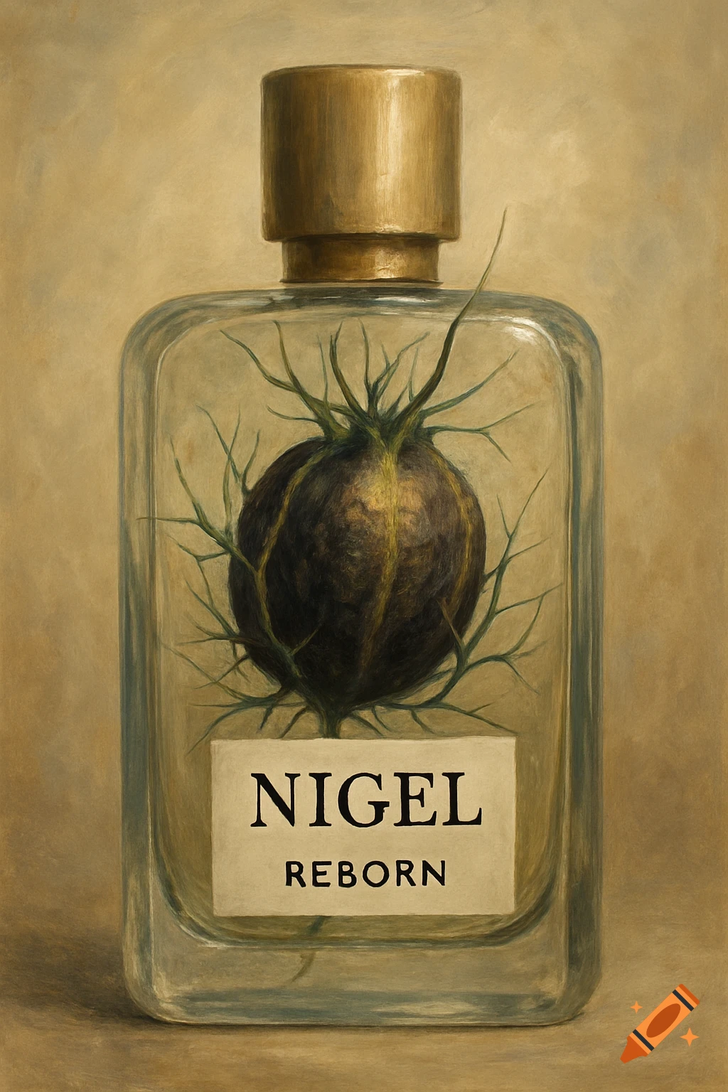Painting of a perfume bottle with a nigella seed inside and 'Nigel Reborn' label on a textured background.