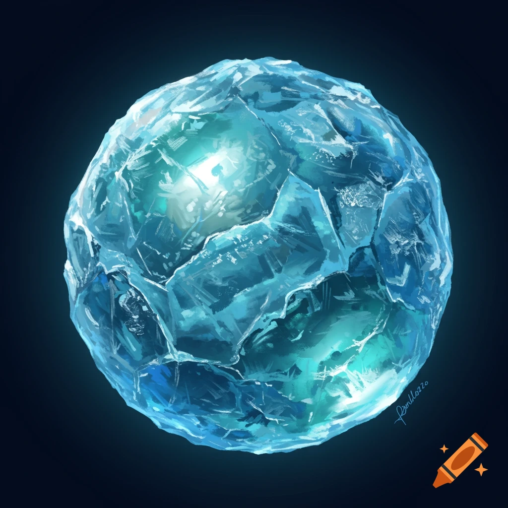 A detailed, icy sphere on a dark background.