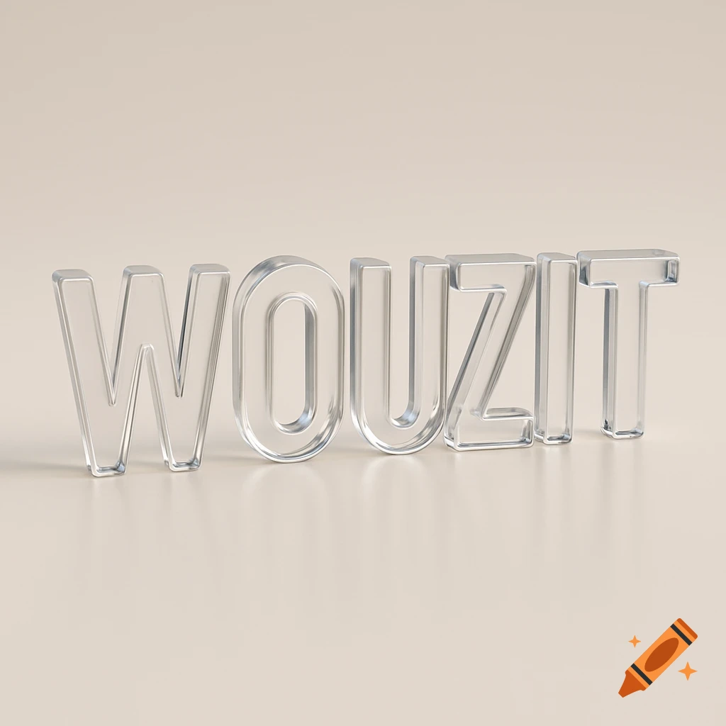 Transparent 3D text spelling WOUZIT on a neutral background.