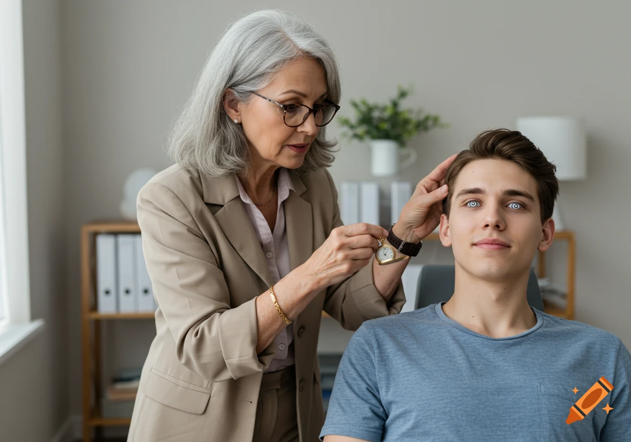 An older woman performs hypnotherapy on a young man using a pocket watch.