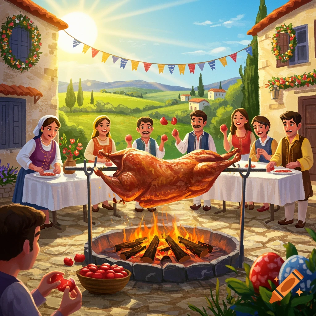 A family celebrates Greek Easter outside, roasting a lamb over a fire in a sunny, stylized countryside scene with painted eggs.