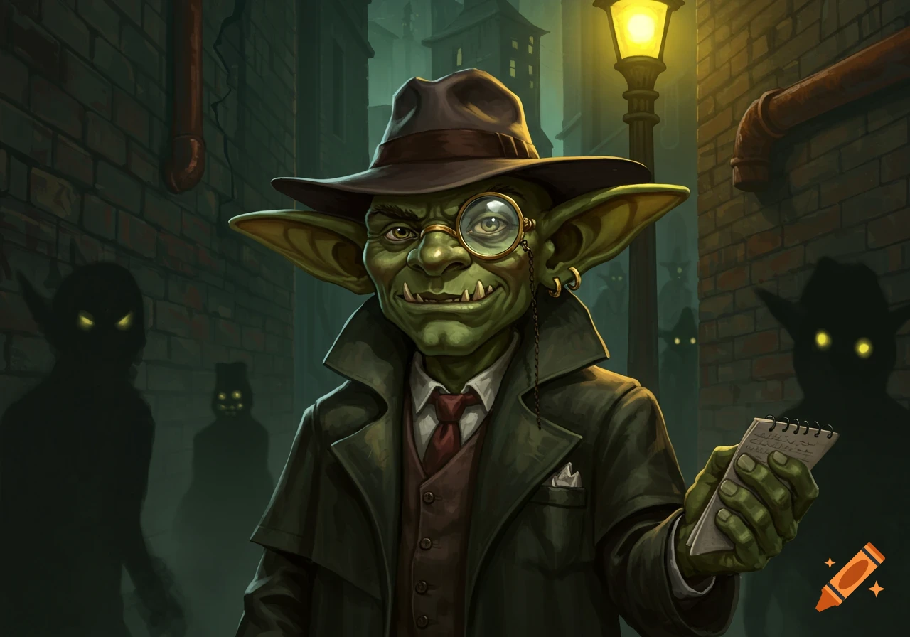 A goblin detective in a trench coat and hat holds a notebook in a dark alley.