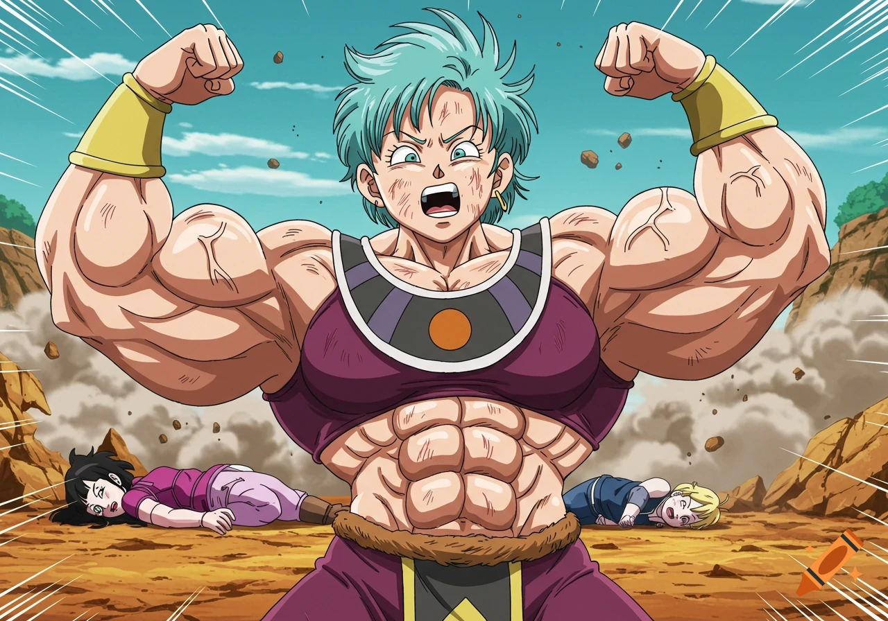 Muscular anime woman flexing her biceps with two unconscious figures on the ground behind her.