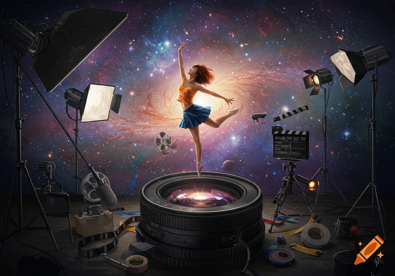 A dancer poses on a large camera lens surrounded by film equipment and a galaxy background.