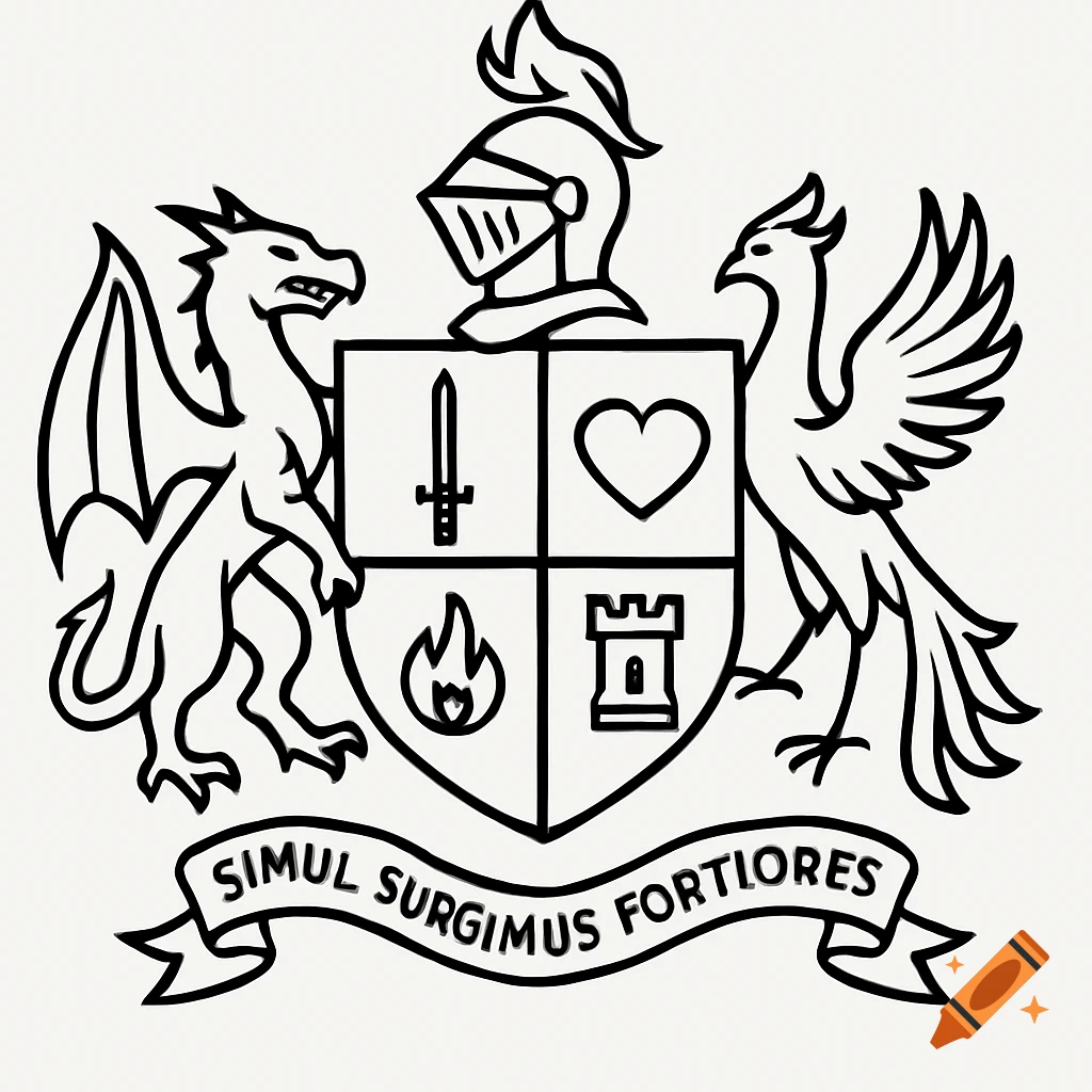 Black and white line drawing of a coat of arms with shield, helmet, dragon, phoenix, and a banner.