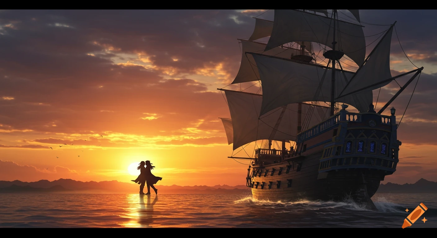Sailing ship and two figures silhouetted against a vibrant sunset over the water.