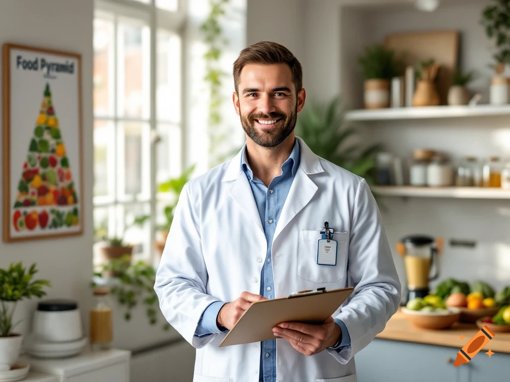 A smiling male doctor in a white lab coat holds a clipboard in a bright wellness clinic. Realistic photo.
