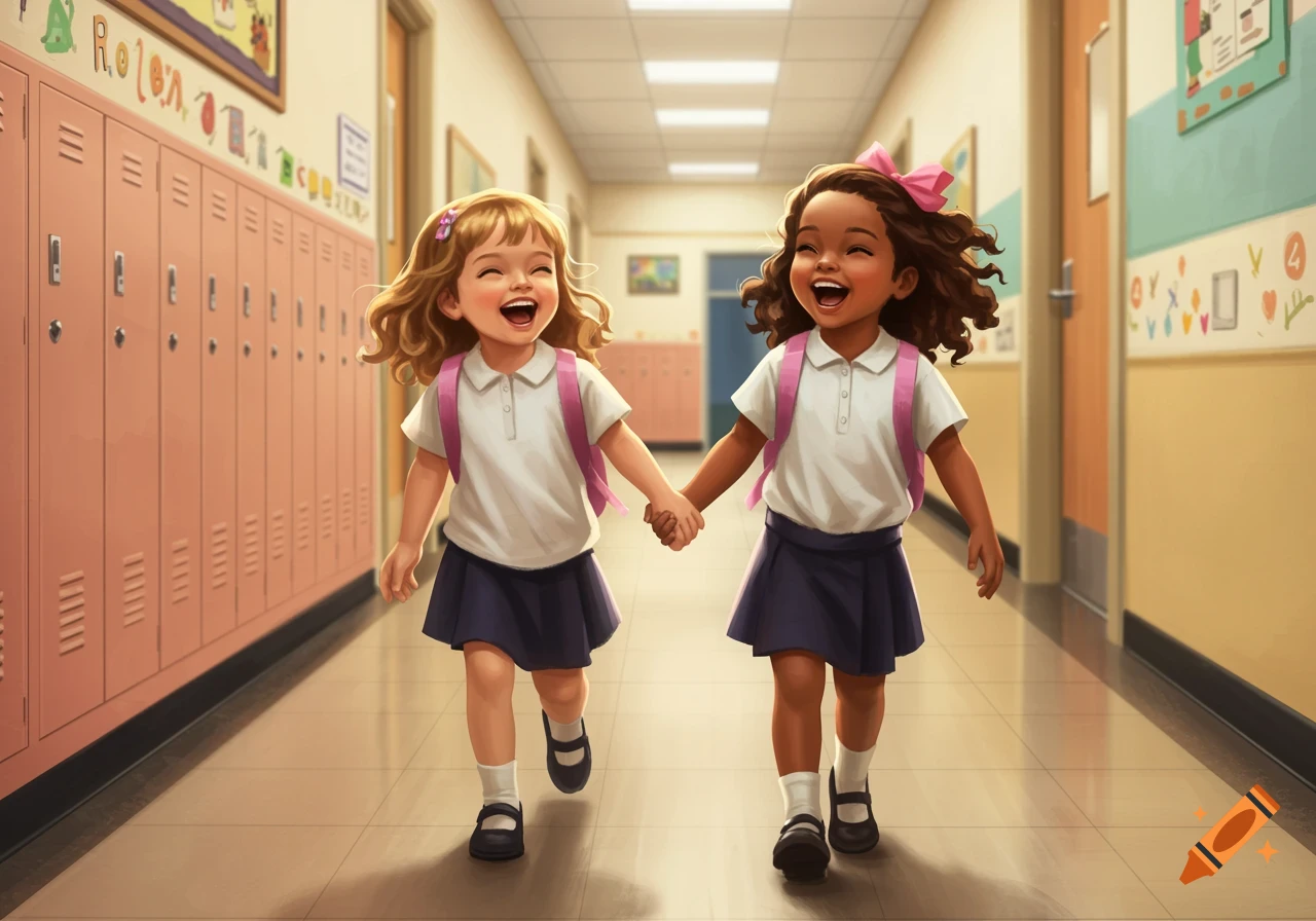 Two young girls smile while holding hands and walking down a school hallway.