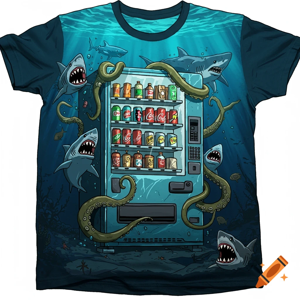 Stylized illustration of a vending machine on the ocean floor surrounded by sharks and octopus tentacles.