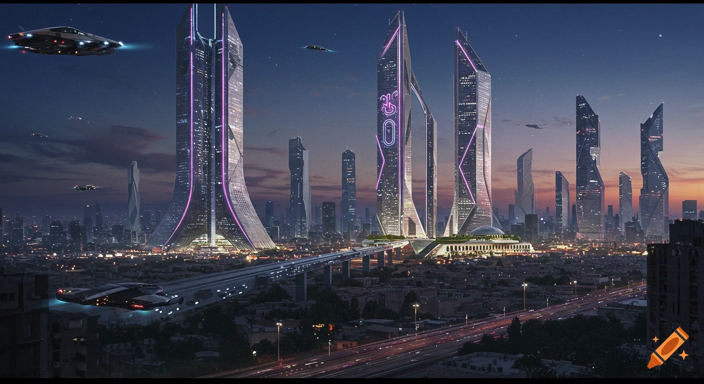 Photorealistic futuristic cityscape at night with glowing skyscrapers, flying cars, and elevated transport.