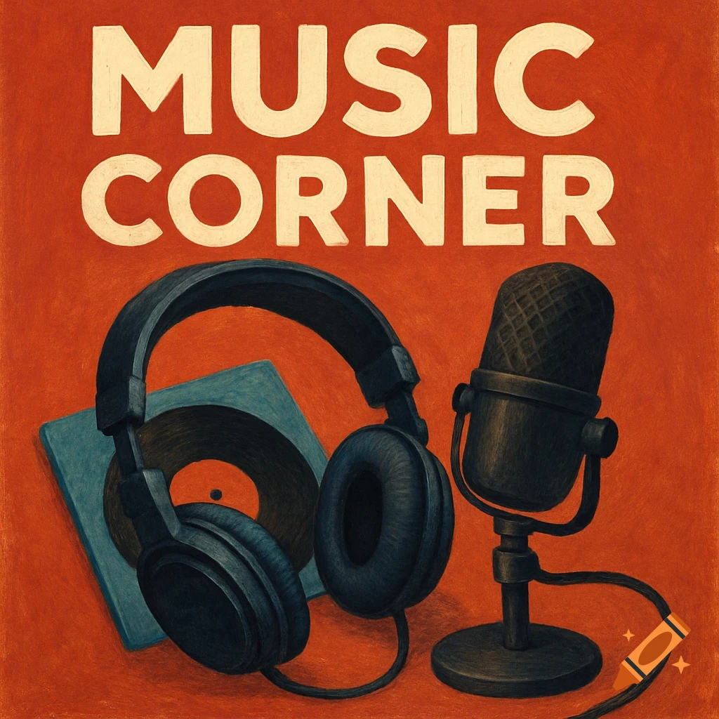 Illustration of a podcast cover with headphones, microphone, vinyl record, and the text 'MUSIC CORNER' on an orange background.