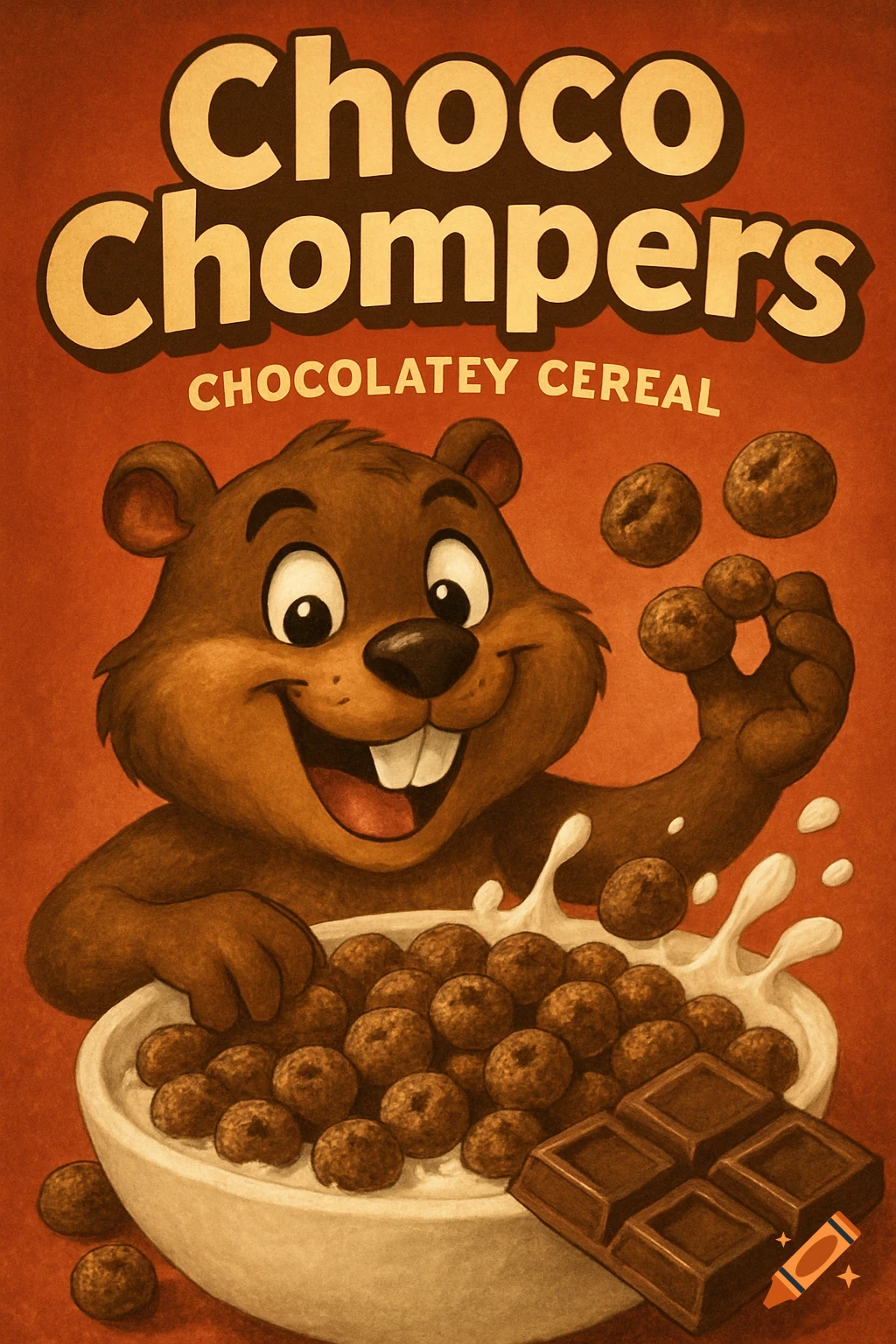 Cartoon bear mascot eating Choco Chompers chocolate cereal from a bowl.