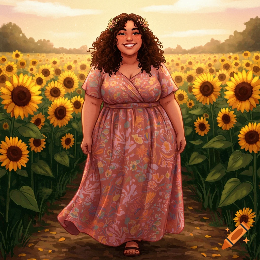 An illustrative portrait of a smiling woman with curly hair standing in a field of sunflowers.