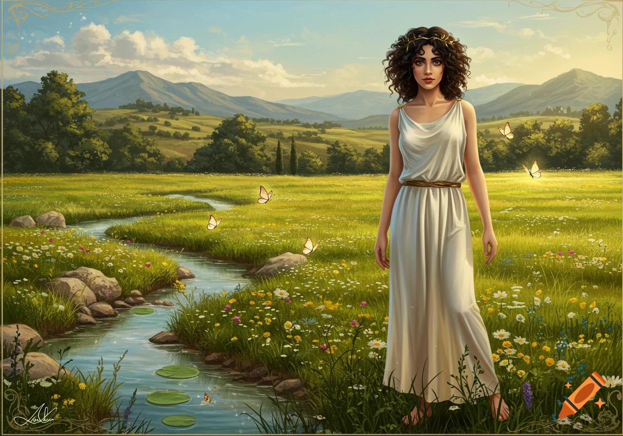 A woman in a white classical dress stands in a green meadow by a stream.