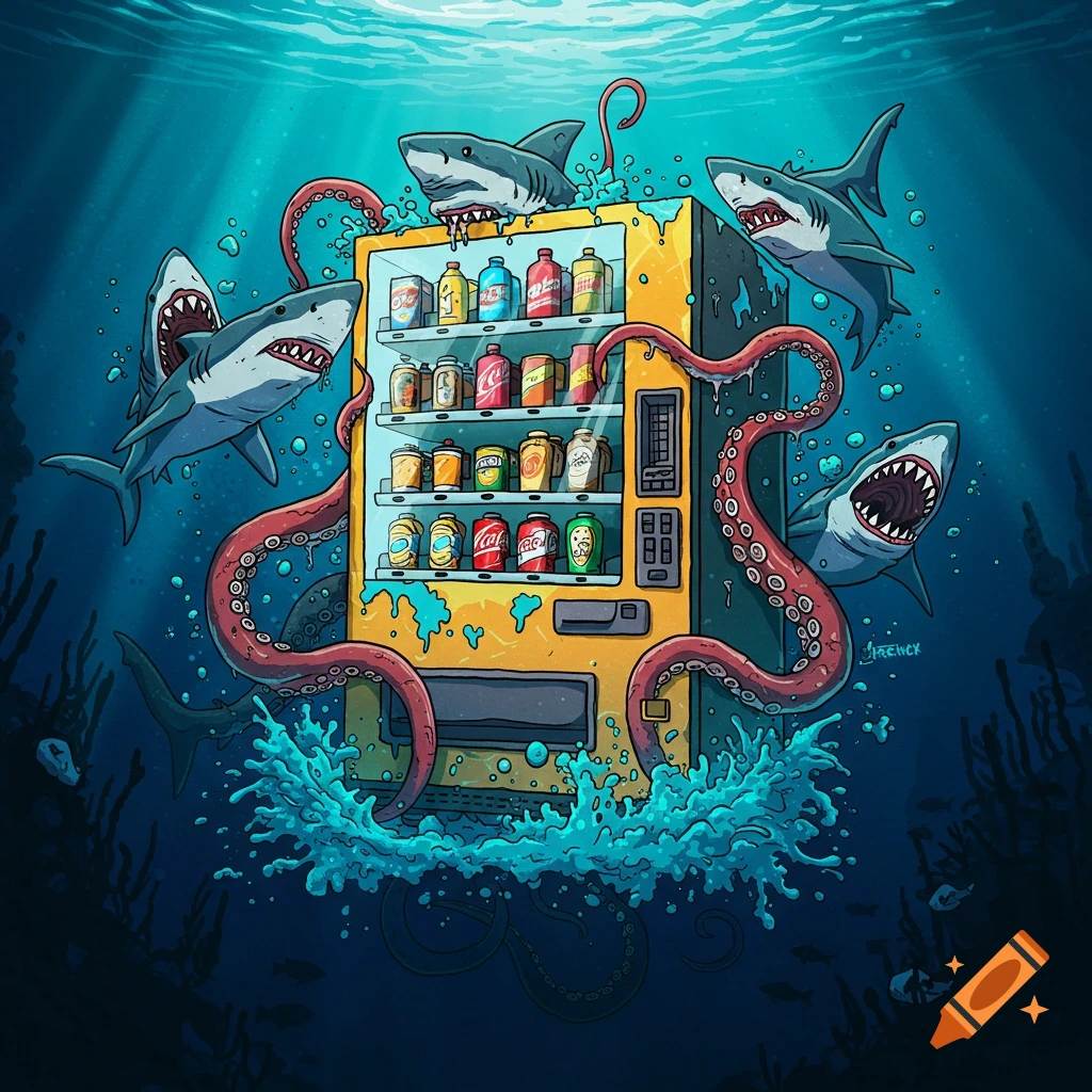Illustration of sharks and kraken attacking an underwater vending machine.
