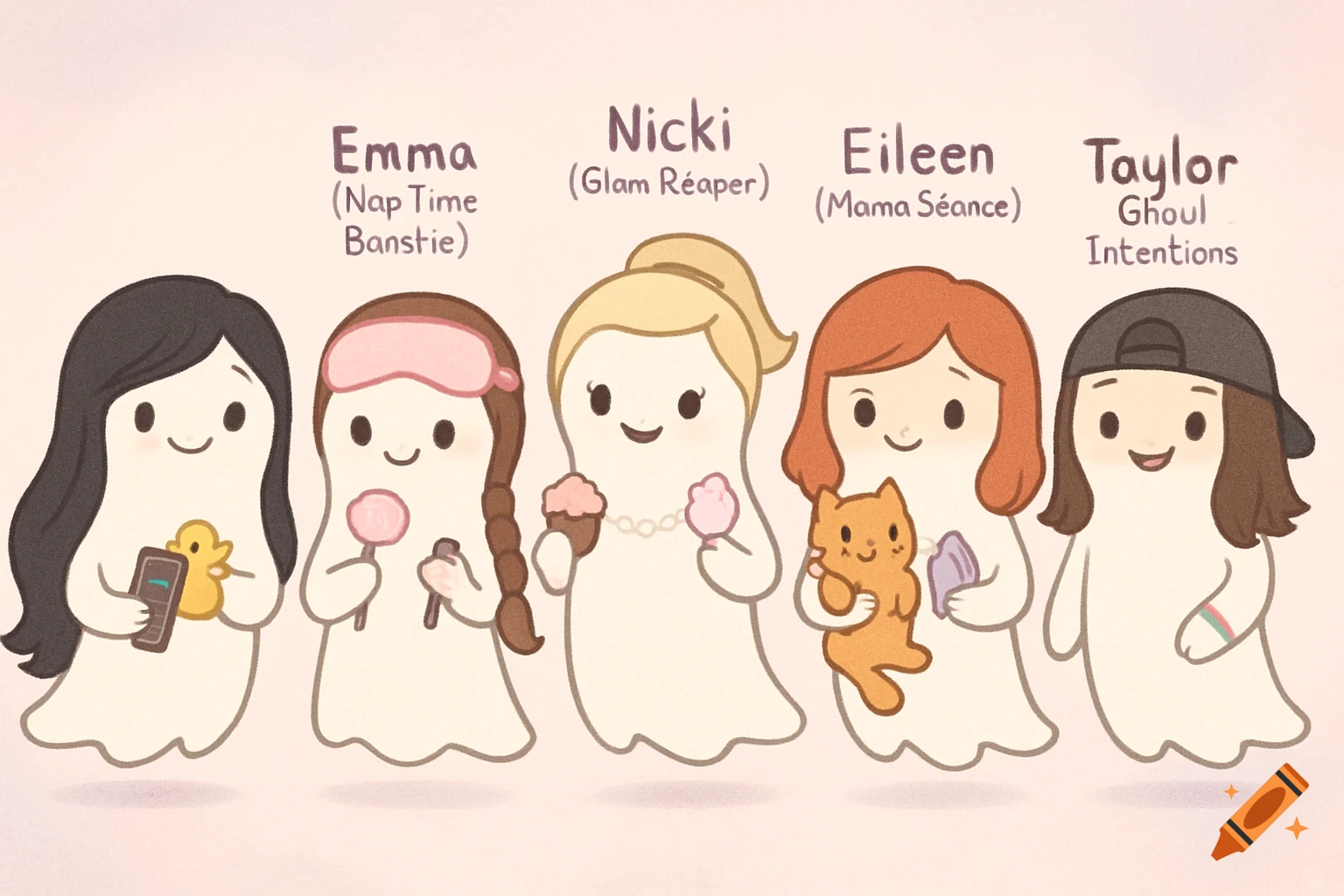 Five cute cartoon ghost characters with different hairstyles and accessories, labeled with names above them.